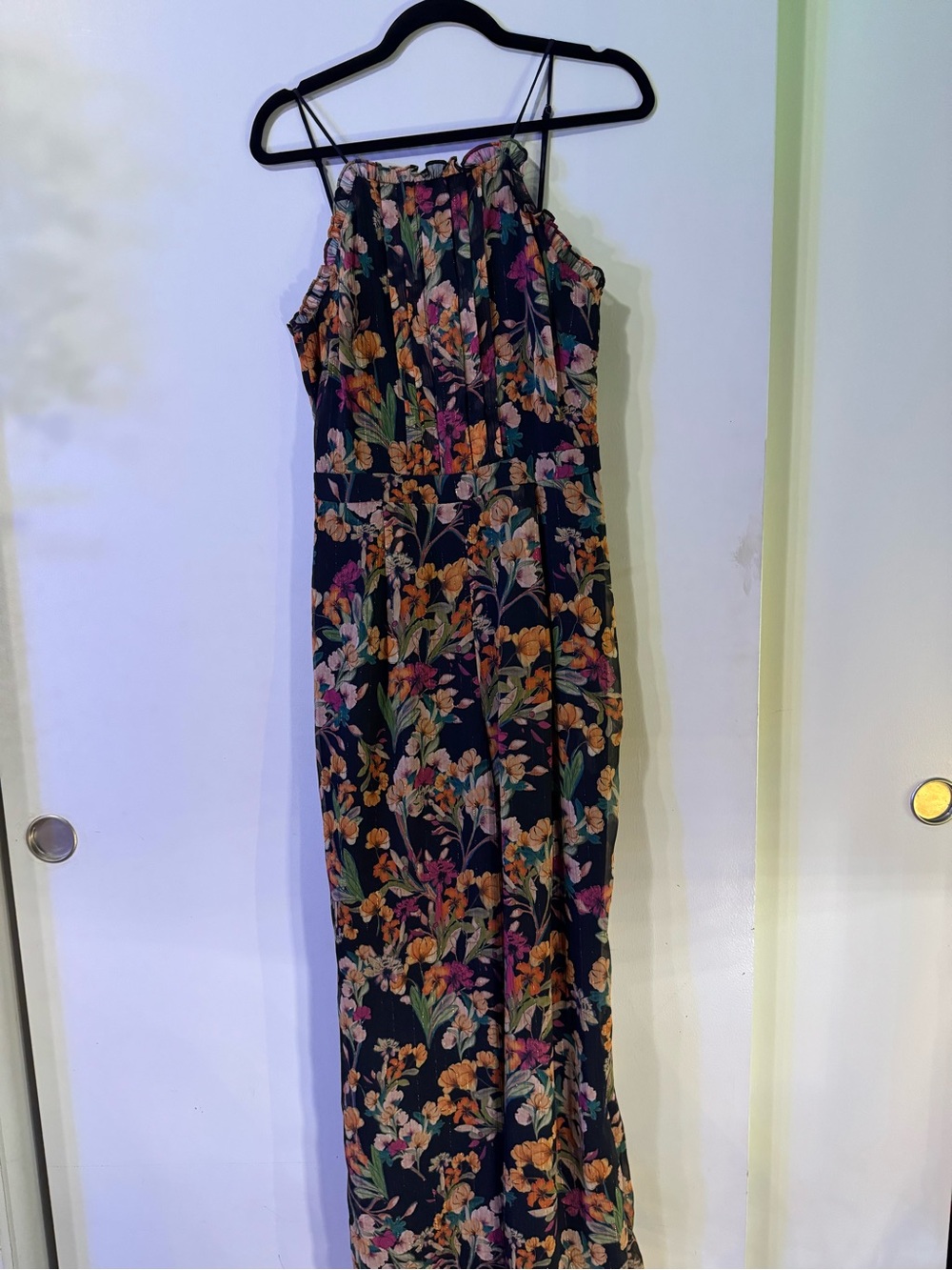 Adelyn Rae Floral Jumpsuit in Navy with Orange & Pink Blooms